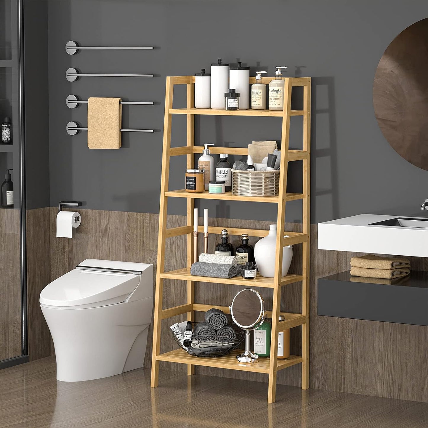 Homykic Bamboo Bookshelf 4-Tier Ladder Shelf, 49.2” Freestanding Open Bookcase Book Shelf Bathroom