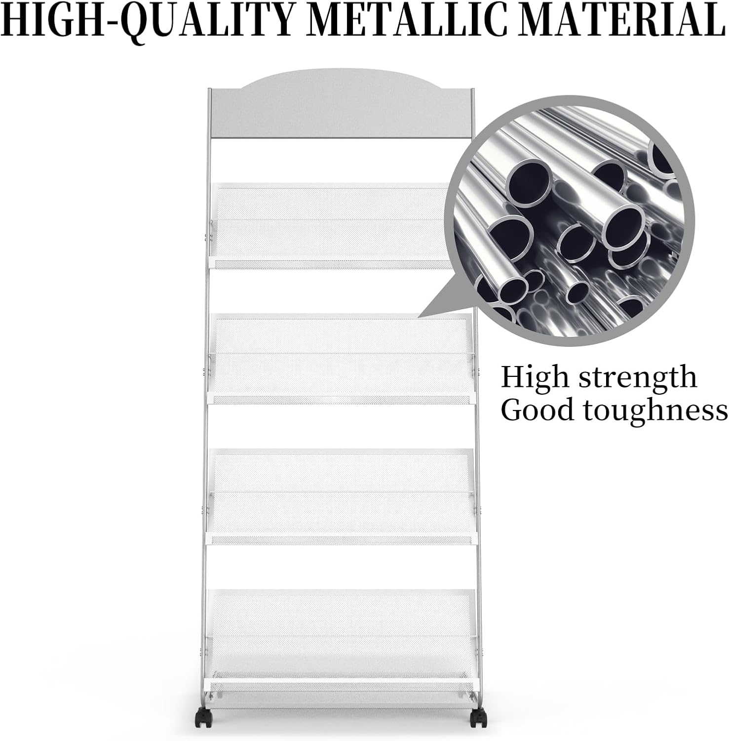 Floor-Standing Magazine Rack 4-Layer with Wheels, Semi-arched top Brochure Display Stand
