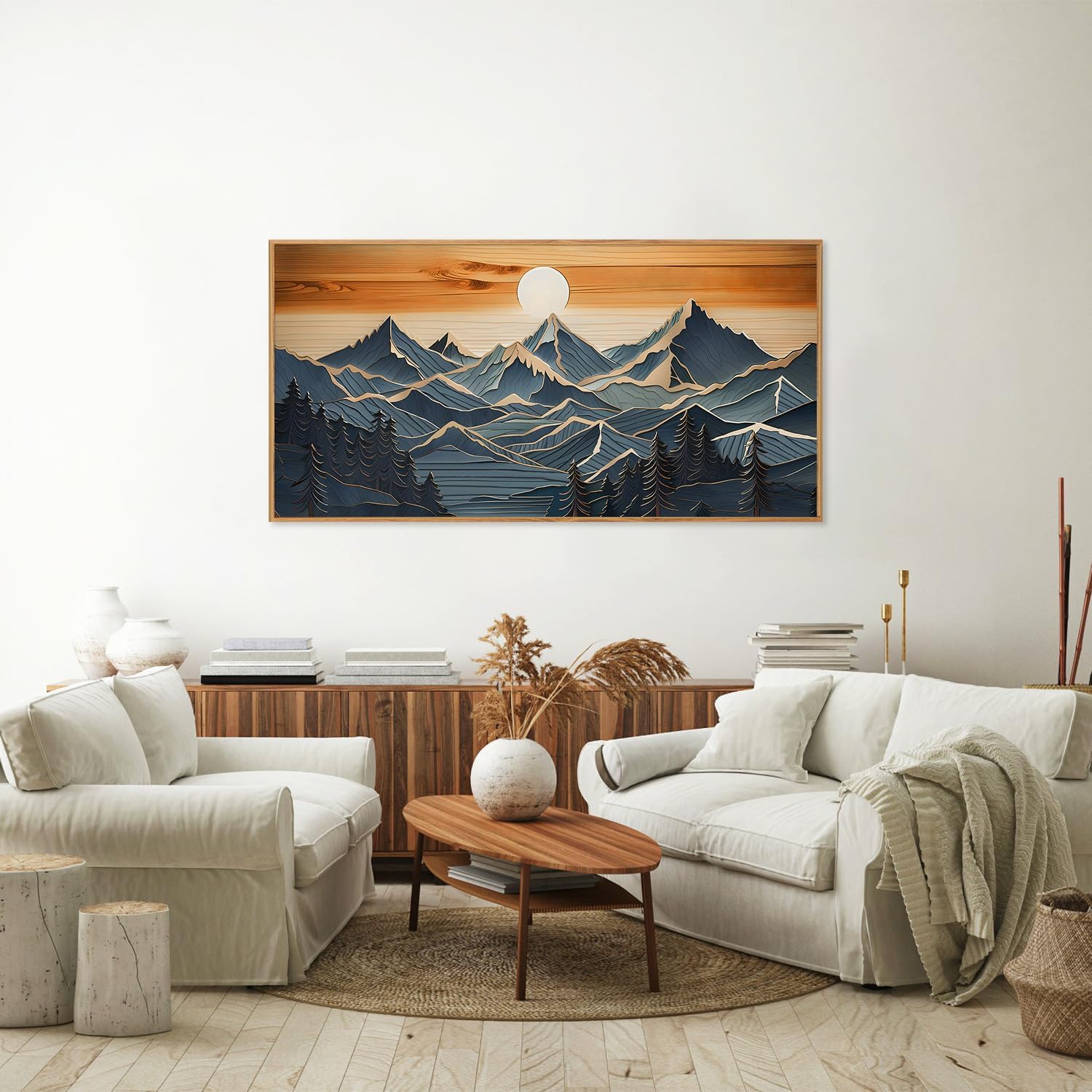 Tinonedraw Metal Mountain Framed Canvas Wall Art, Boho Mountains Forest Artworks, Mid Century