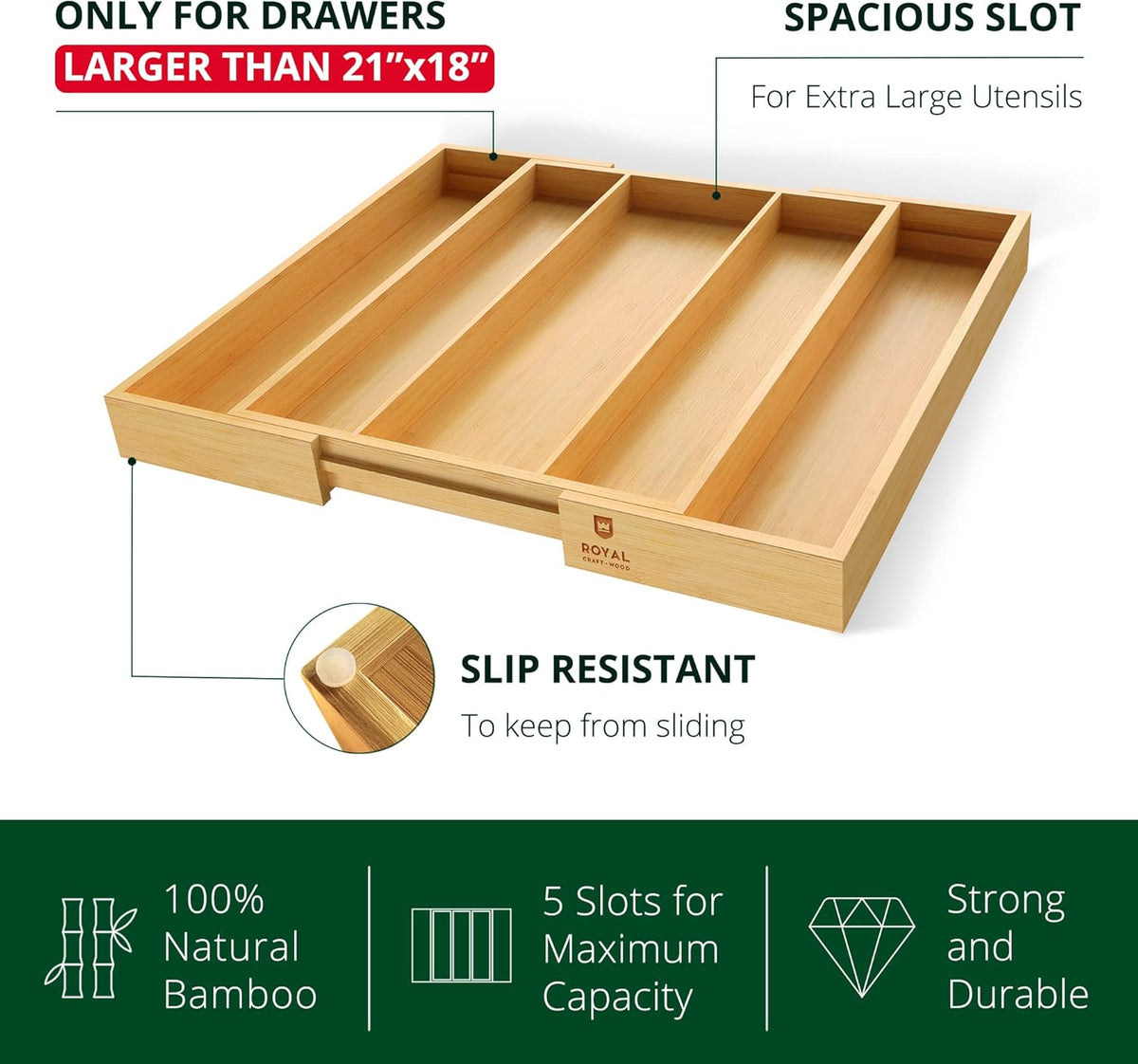 ROYAL CRAFT WOOD Luxury Bamboo Kitchen Drawer Organizer - Silverware Organizer - Utensil Holder and