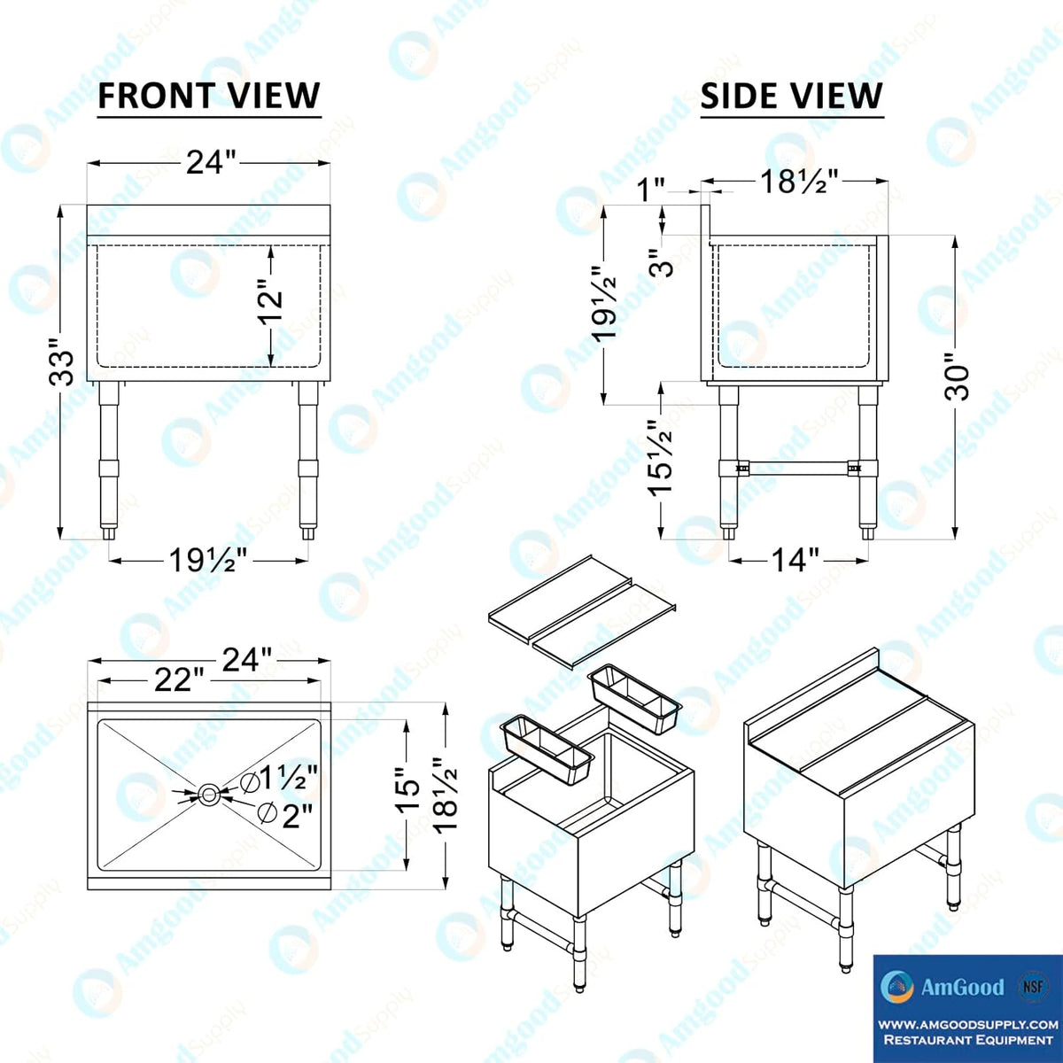 AmGood 18.5 in. x 24 in. Underbar Ice Bin with Sliding Lid | NSF | Stainless Steel Ice Chest with