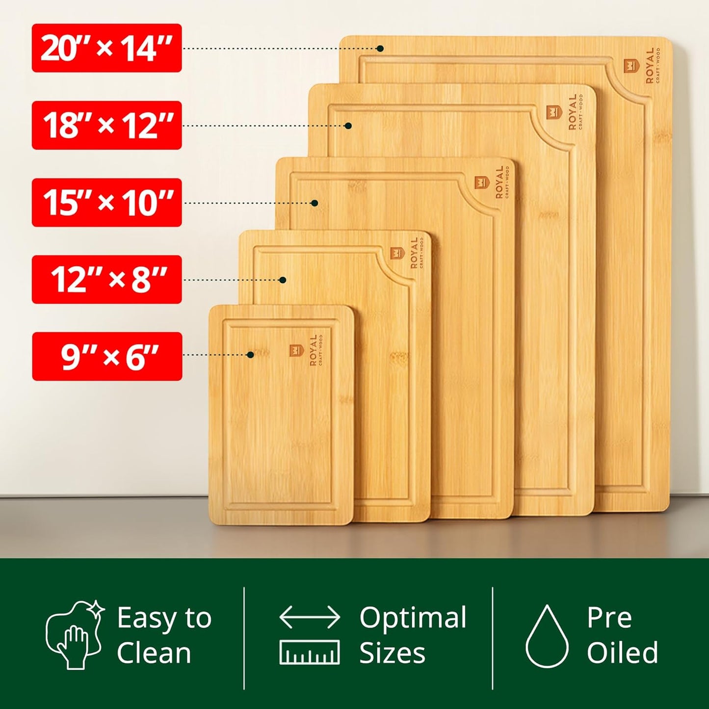 ROYAL CRAFT WOOD Wooden Serving Boards for Kitchen Meal Prep&Bamboo Wood Cutting Board Set with