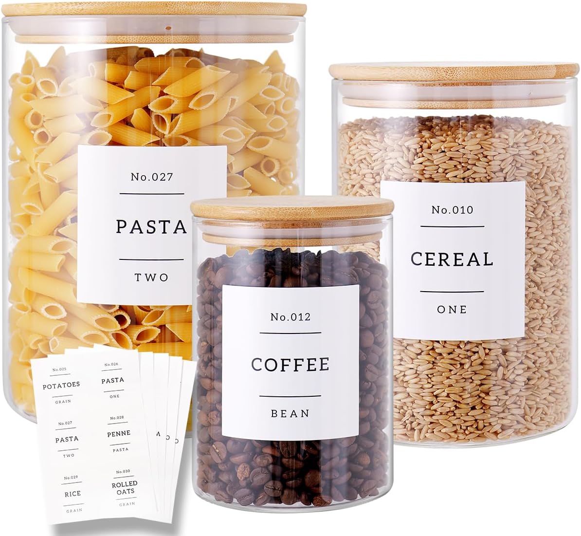 3 Pcs Glass Canisters with Airtight Bamboo Lids and 42 Kitchen Pantry Labels Preprinted - Clear