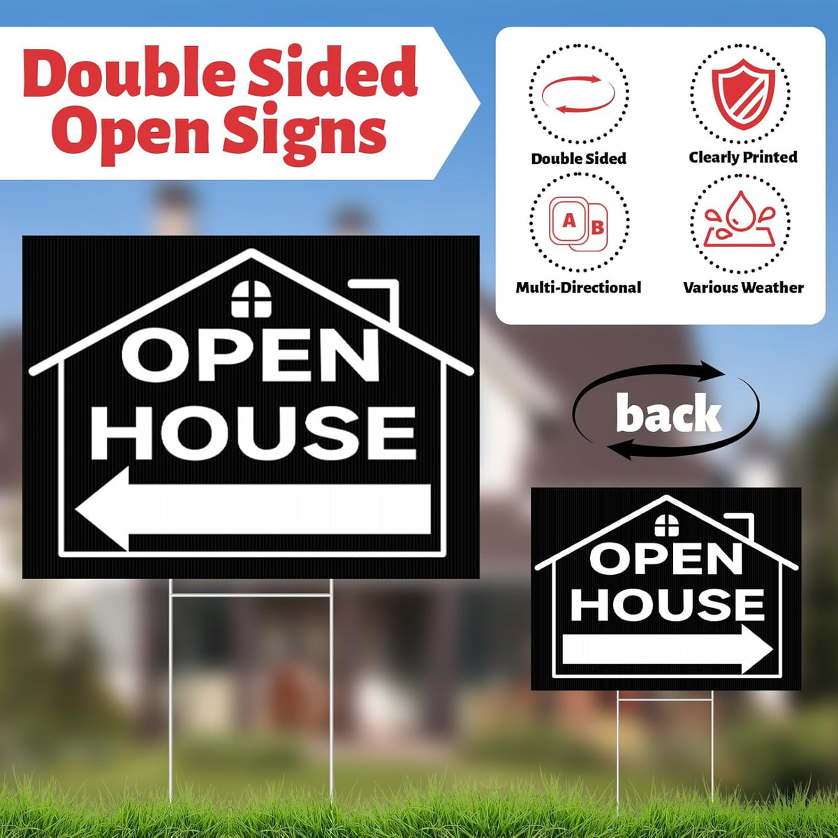 44 Pcs Open House Signs for Real Estate, Double Sided Open House Flag Kit, 7.6 x 5.4 Ft Black