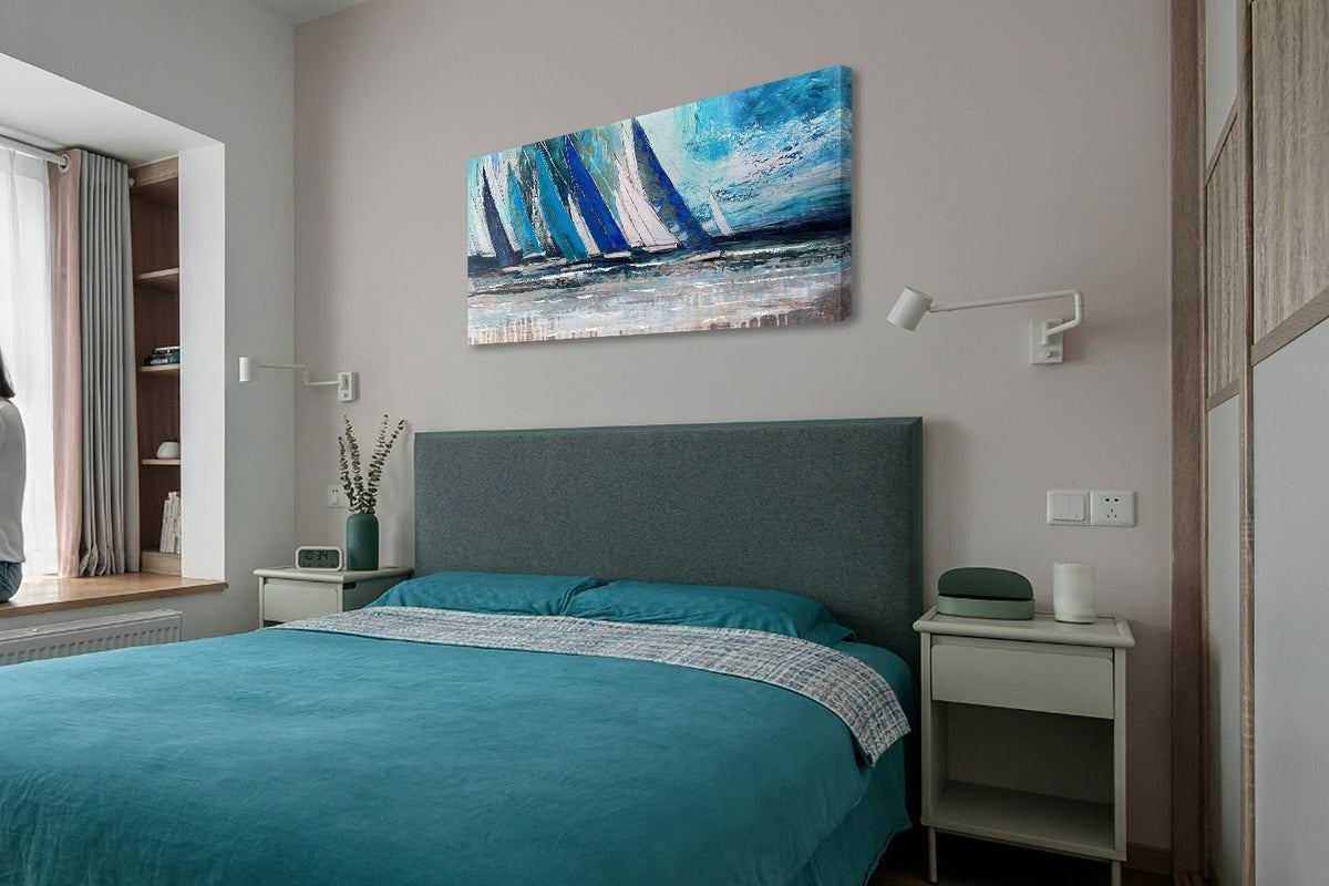 Arjun Blue Abstract Wall Art Canvas Teal Ocean Sailboat Picture Modern Turquoise Coastal Nautical