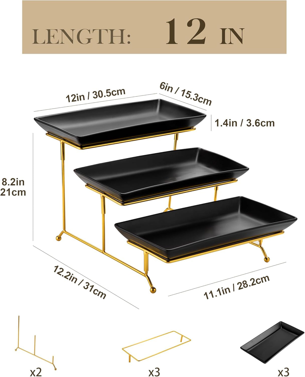 MALACASA 3 Tier Serving Trays for Party, 12 Inch Porcelain Black Trays for Serving Food, Dessert