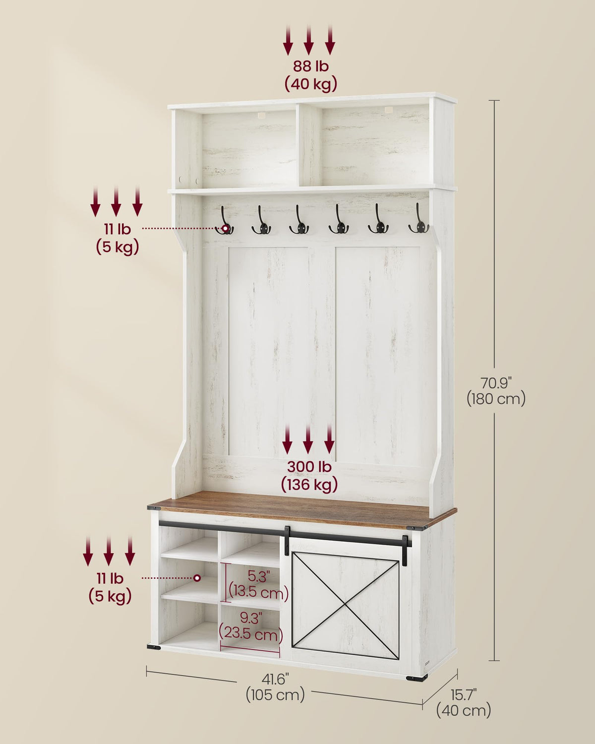 VASAGLE Hall Tree with Bench and Shoe Storage, Coat Rack with Shoe Bench, Entryway Furniture, 6