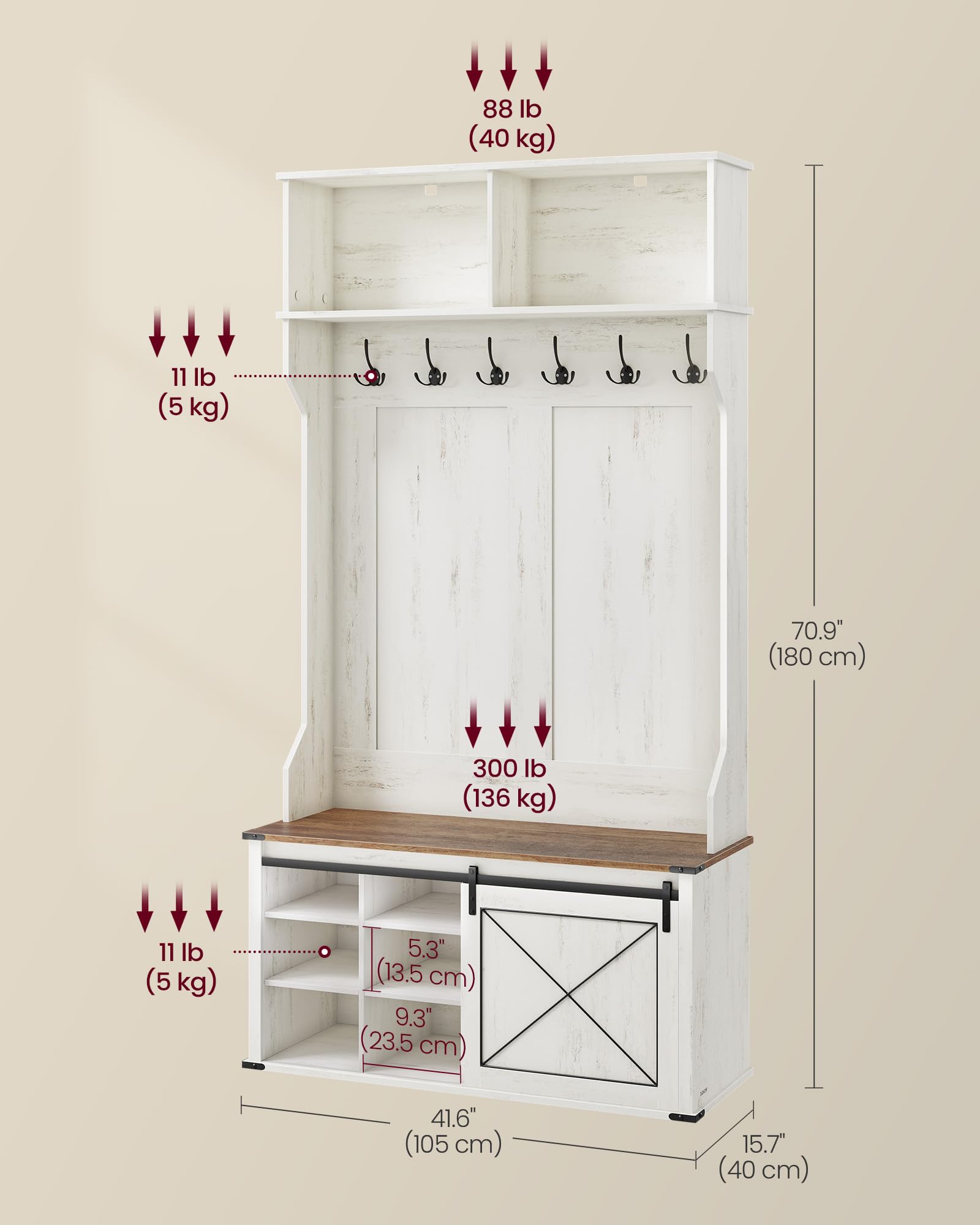 VASAGLE Hall Tree with Bench and Shoe Storage, Coat Rack with Shoe Bench, Entryway Furniture, 6