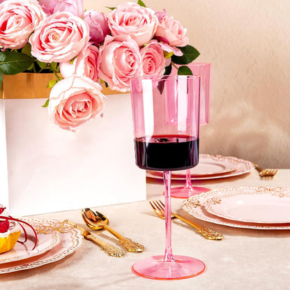 Ciaell 12 Pack Pink Plastic Wine Glasses - 14Oz Plastic Wine Glasses with Stem - Disposable Stemmed