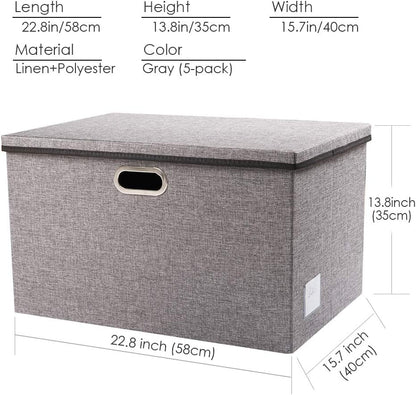 PRANDOM Extra Large Collapsible Storage Bins with Lids [5-Pack] Linen Fabric Foldable Storage