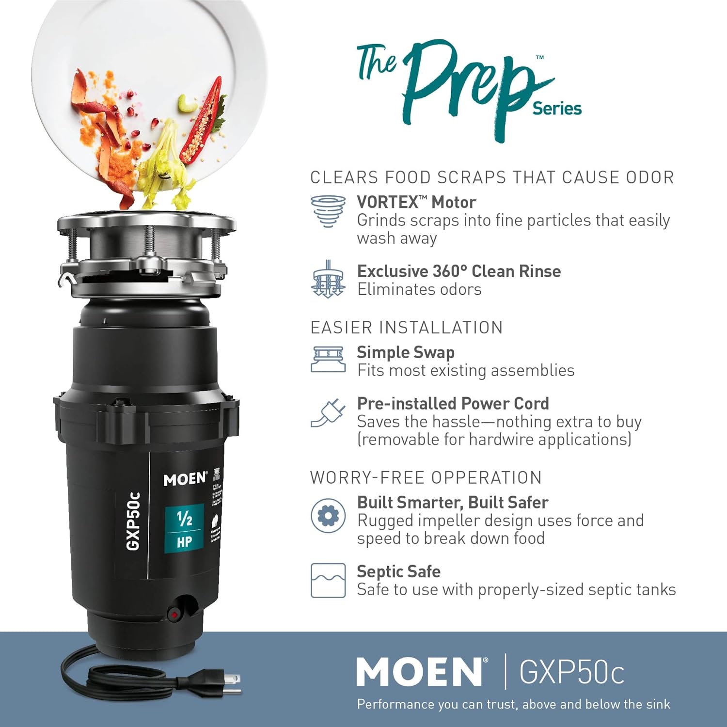 Moen Prep Series PRO Continuous Feed Compact Garbage Disposal for Kitchen Sink with Power Cord
