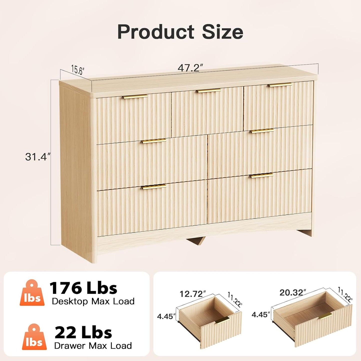 Pipishell Fluted 7 Drawers Dresser, Modern Wood Chest of Drawers, Dressers with Round Edge Design