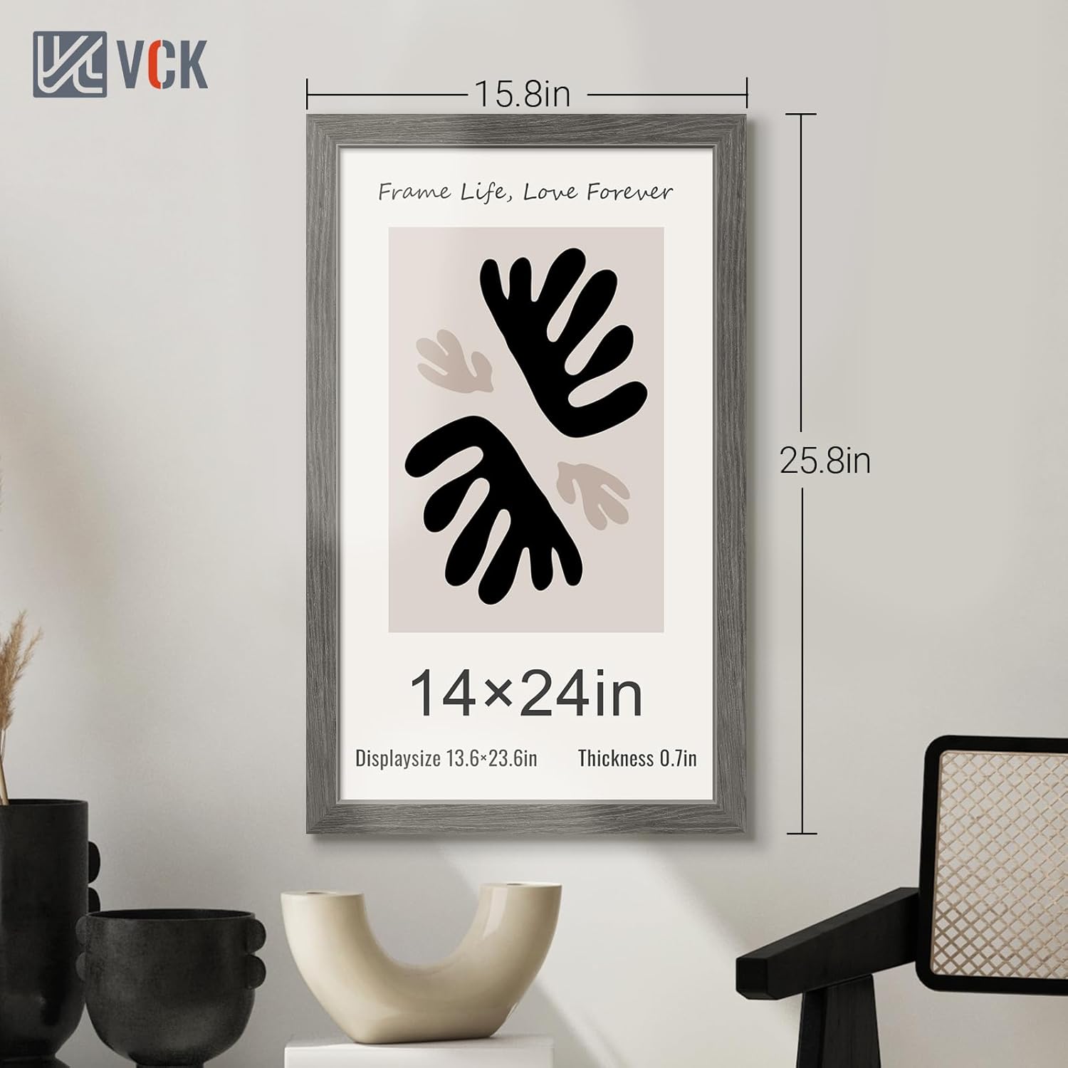 VCK 14x24 Frame 3 Pack, Gray Solid Wood Picture Frame, Exclusive Wood Grain, Wall Gallery Frame