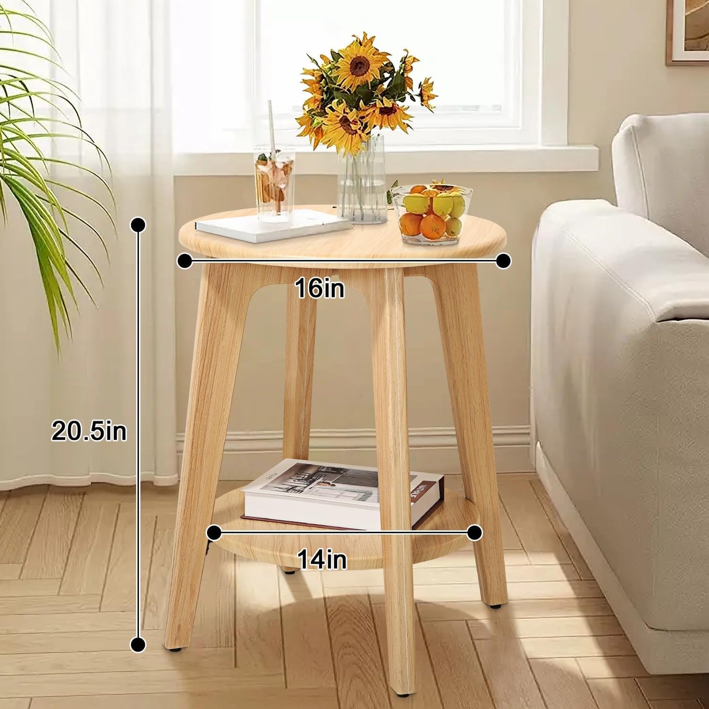 End Table Small Round Side Table with 2 Storage Shelves Walnut End Tables Accent Sofa Bedside Table