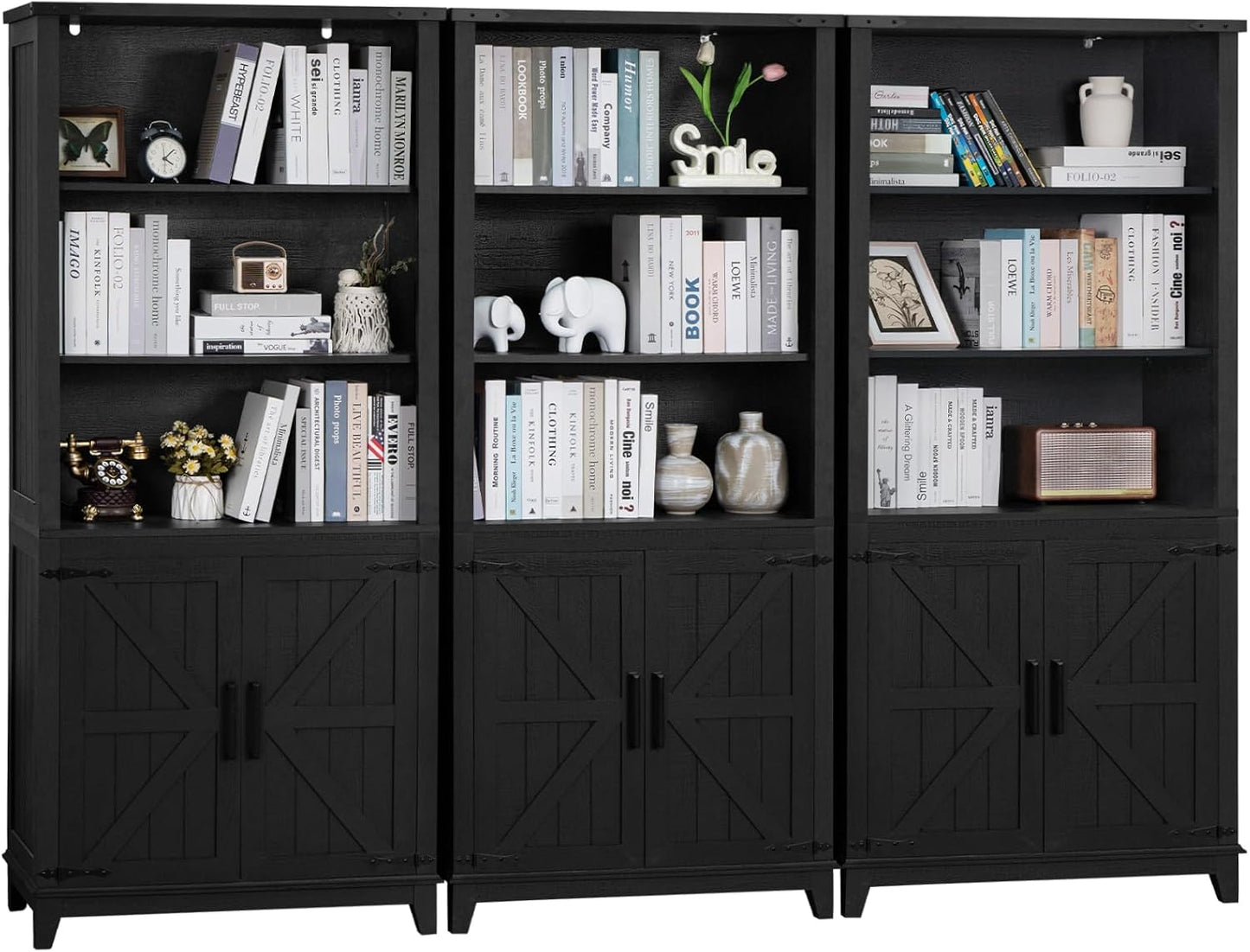 70in Tall Bookshelf 5 Tier Bookcase with Barn Doors and Adjustable Shelves, Black Farmhouse Book