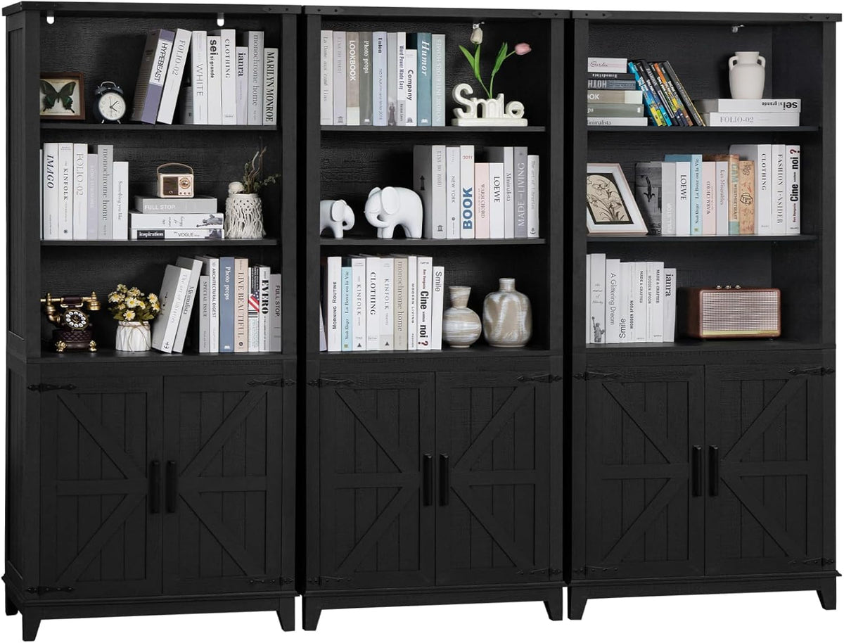 70in Tall Bookshelf 5 Tier Bookcase with Barn Doors and Adjustable Shelves, Black Farmhouse Book