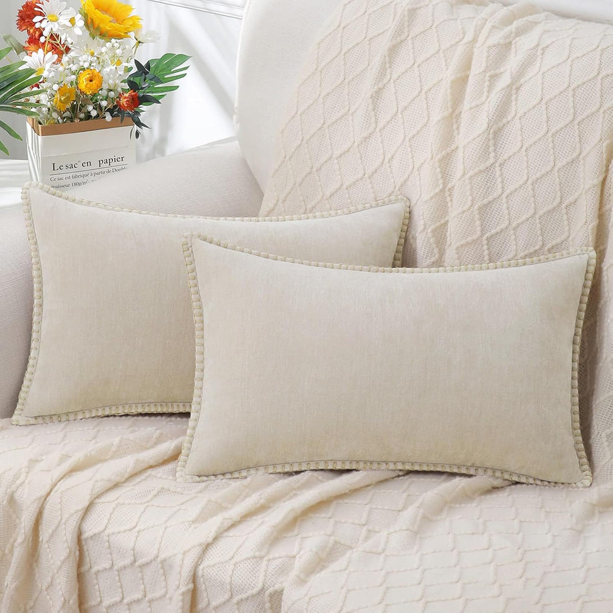 decorUhome Chenille Soft Throw Pillow Covers 12x20 Set of 2, Lumbar Velvet Farmhouse Neutral