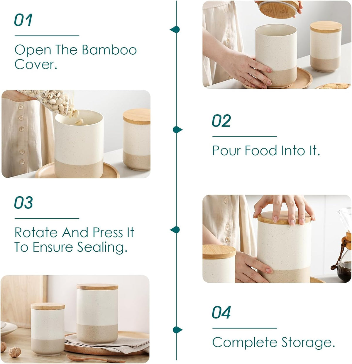vancasso Sabine Ceramic Canister Set with Airtight Wood Lids - 3-Piece Kitchen Storage for Flour