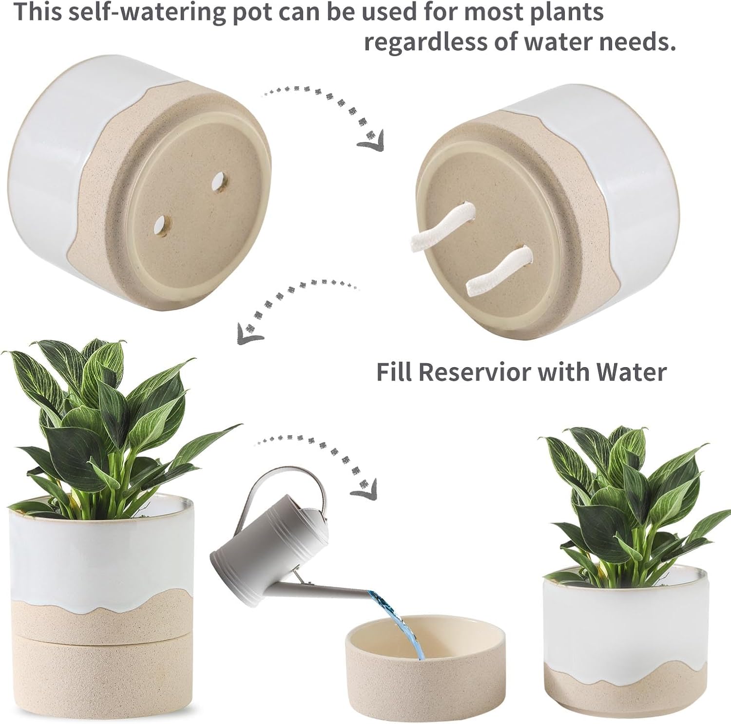 Nihow Self Watering Plant Pot for Indoor Plants: 4.5+6 Inch Ceramic Planter with Drainage Hole &