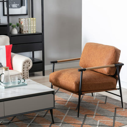 Mid-Century Accent Chair Set of 2, Soft Armchair PU Leather Lounge Chair with Black Metal Legs