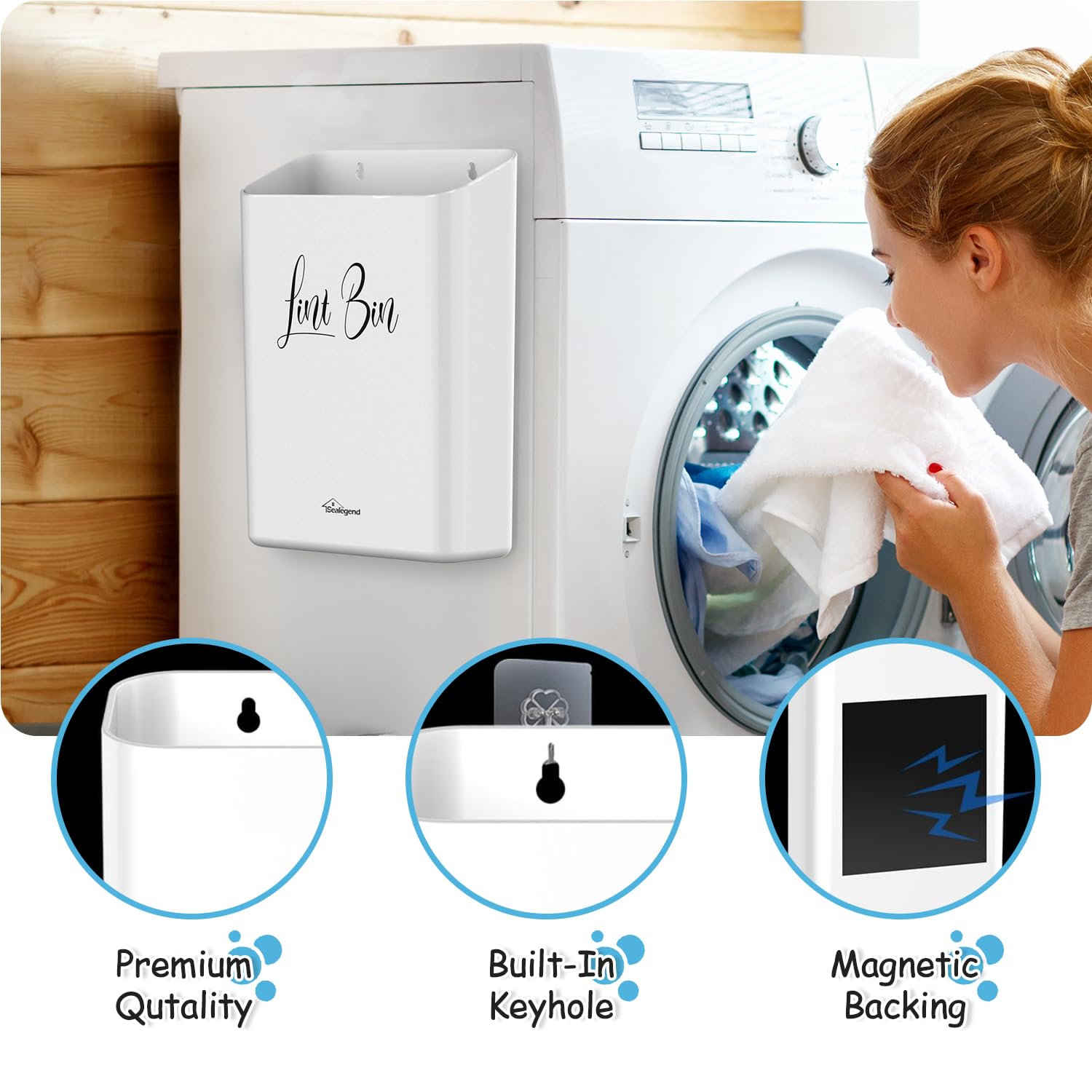 Sealegend Magnetic Lint Bin for Laundry Room with Dryer Lint Brush, Wall Mounted Trash Can