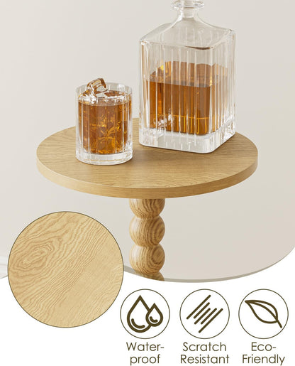 Masupu Round Side Table, Small End Table for Small Spaces, Pedestal Drink Table with Solid Wood Leg
