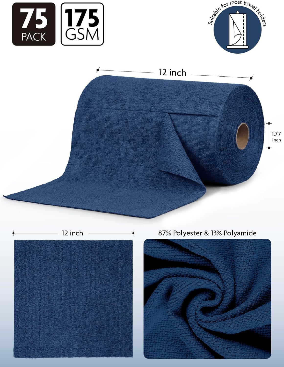 Fantasticlean Microfiber Cleaning Cloth Roll -75 Pack, Tear Away Microfiber Towels, 12" x 12"