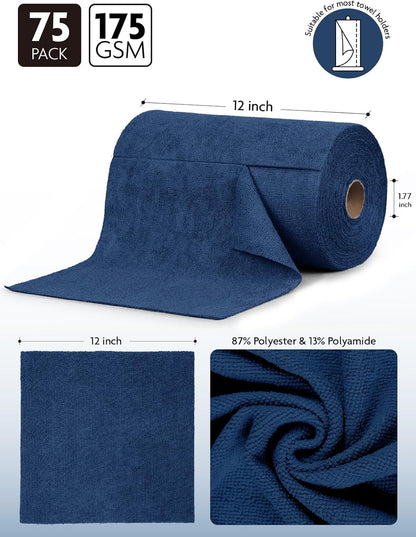 Fantasticlean Microfiber Cleaning Cloth Roll -75 Pack, Tear Away Microfiber Towels, 12" x 12"