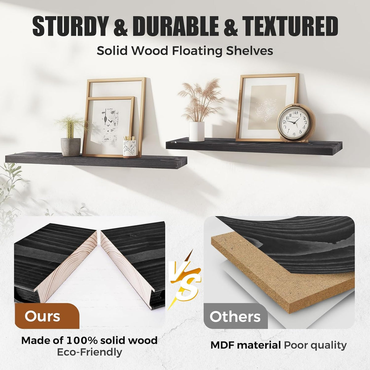 Floating Wall Shelves 3-Pack - 24-Inch Rustic Black Wooden Shelves for Storage and Décor, Easy