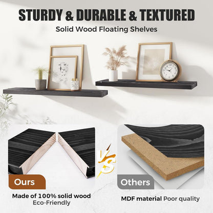 Floating Wall Shelves 3-Pack - 24-Inch Rustic Black Wooden Shelves for Storage and Décor, Easy