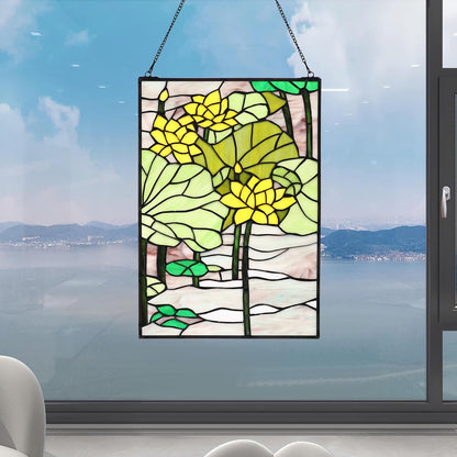 YOURANJU Stained Glass Window Hanging 16" H x 11" W Tiffany Style Rectangular Window Panel Suitable