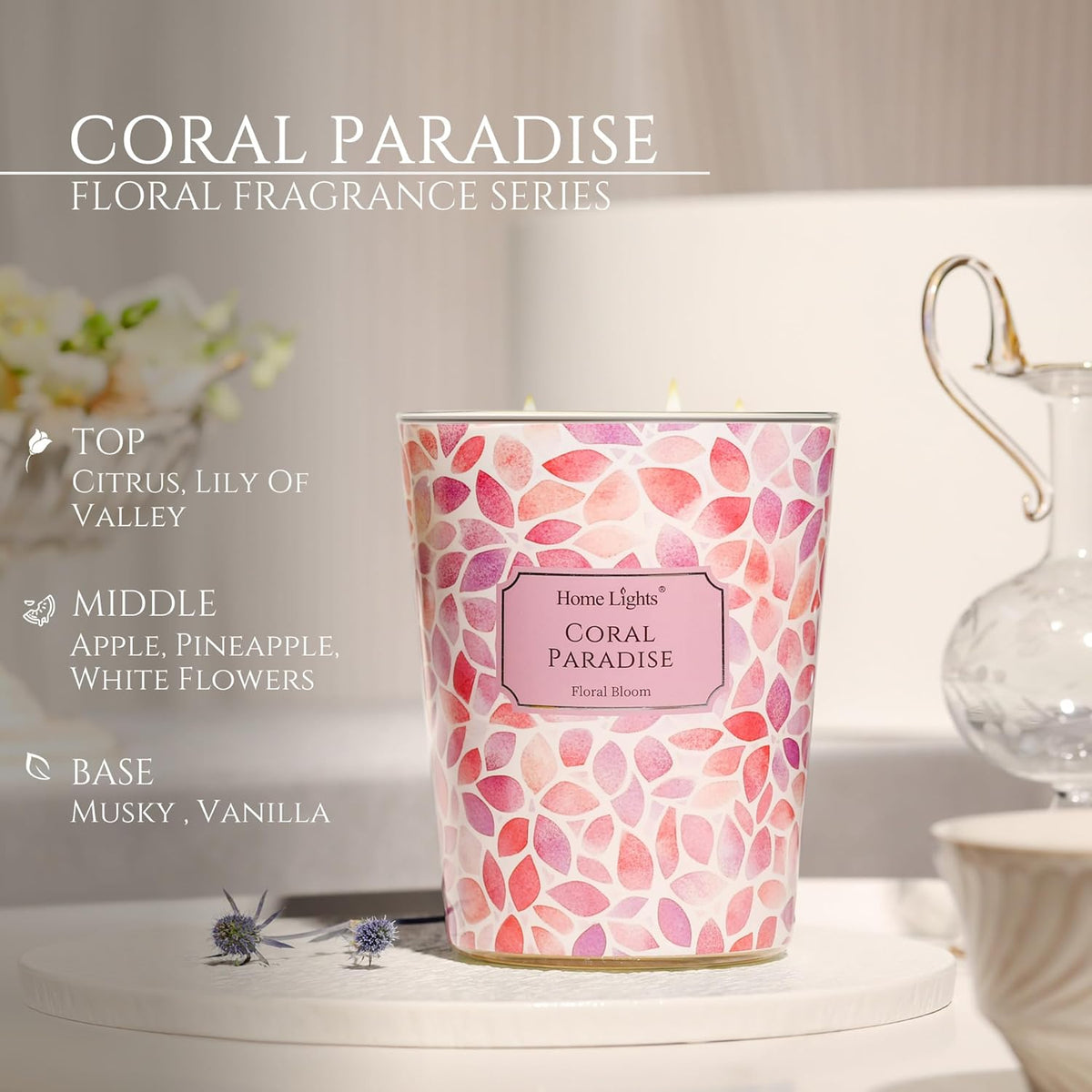 HomeLights Coral Paradise Scented Candles | 34oz Soy Candles Bohemian Natural Textures 3-Wick Large