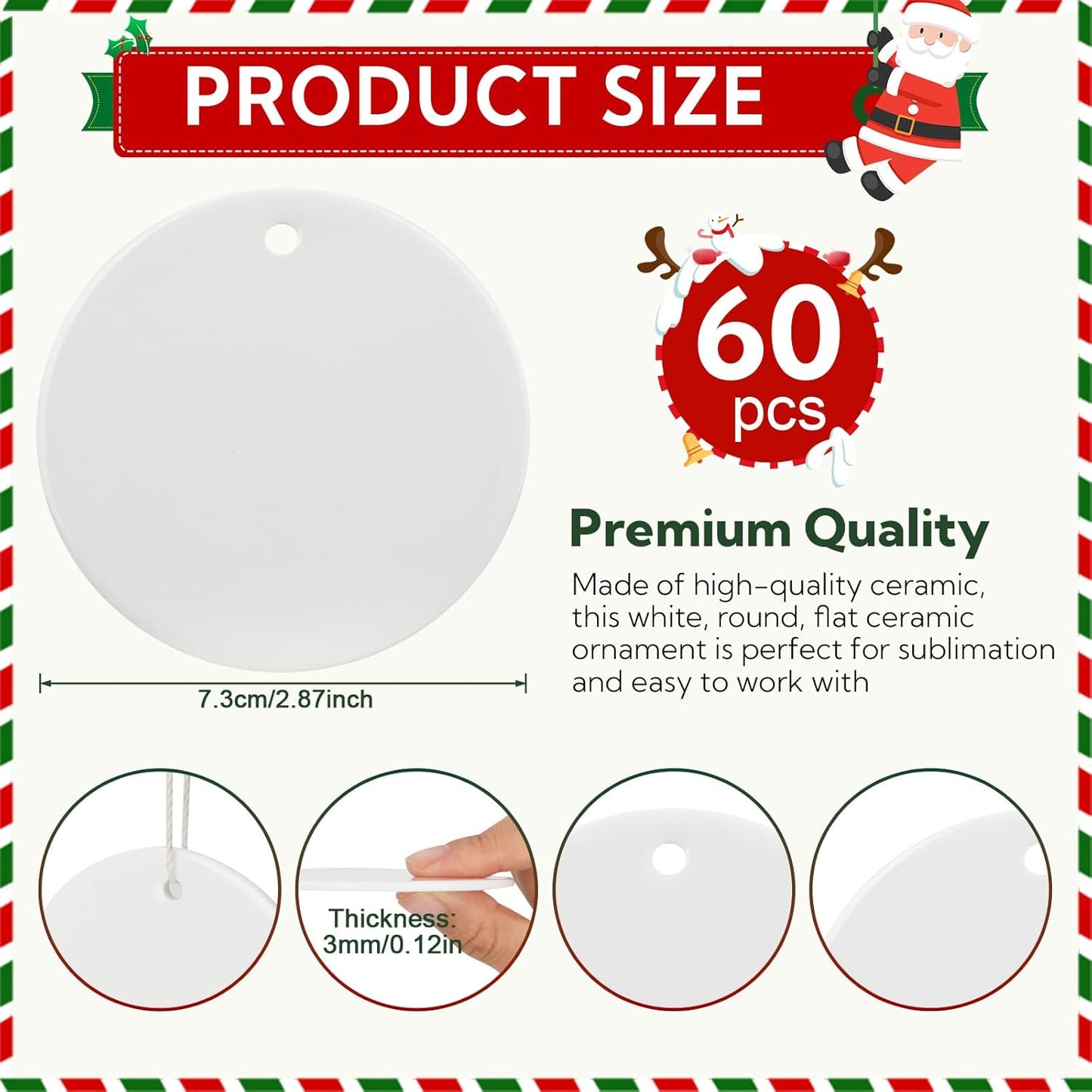 60 PCS Sublimation Ceramic Ornament Blank 3 Inch Round Two-Sided Printed White Ceramic Decoration