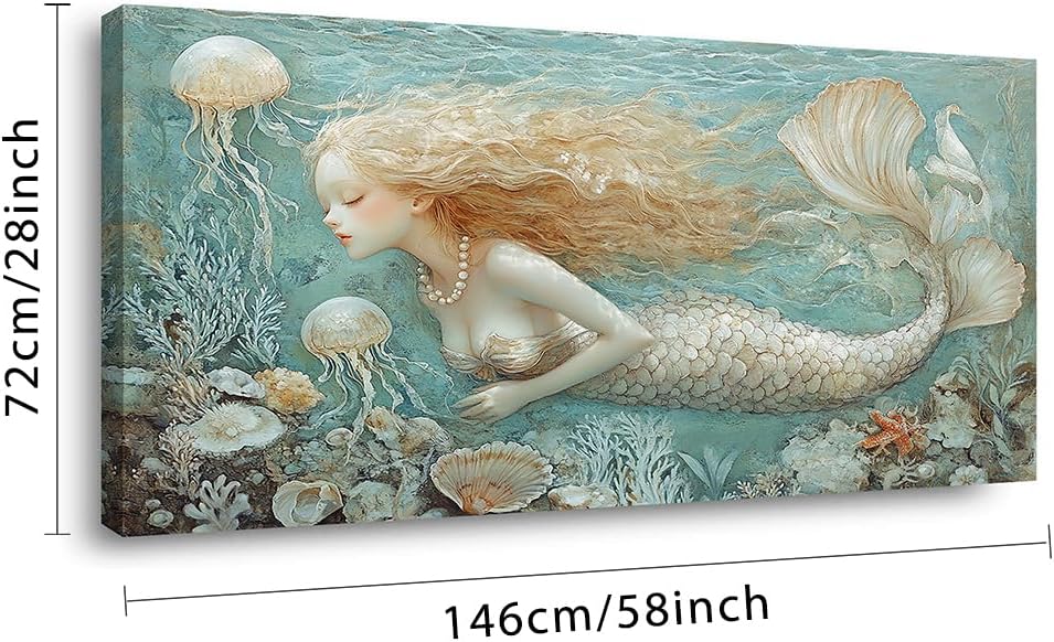LASMOND Ocean Mermaid Wall Art for Girls Room Modern Canvas Prints Marine Organism Underwater World