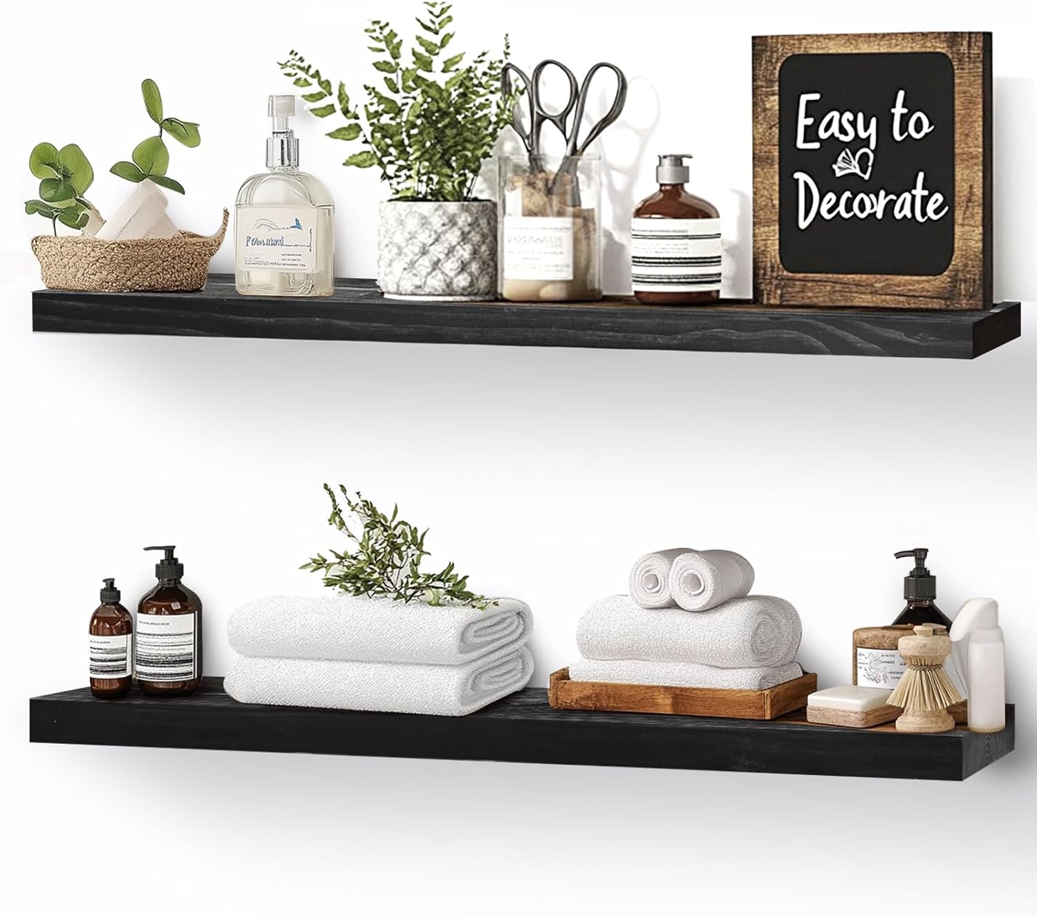 Floating Wall Shelves 2-Pack - Rustic Black 16-inch Wooden Wall Shelves for Storage and Décor