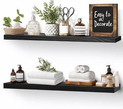 Floating Wall Shelves 2-Pack - Rustic Black 16-inch Wooden Wall Shelves for Storage and Décor