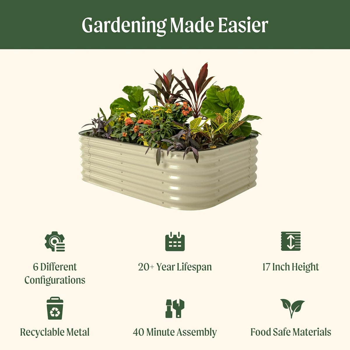 Vego garden Aluzinc Raised Garden Bed Kits, 17" Tall 6 in 1 Modular Metal Raised Planter Bed for