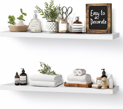 Floating Wall Shelves 2-Pack - 24-Inch Rustic White Wooden Shelves for Storage and Décor, Easy