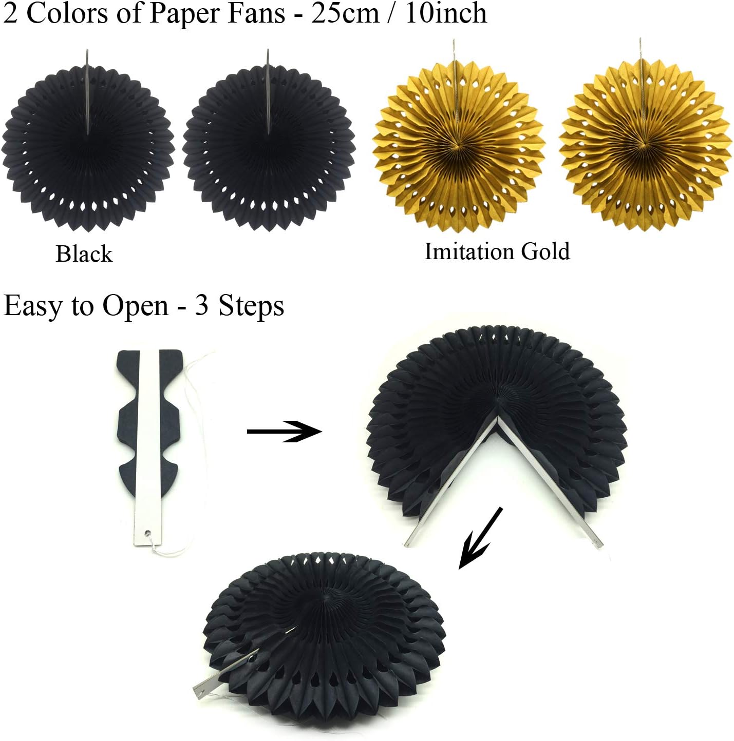 ZERODECO Party Decoration, 21 Pcs Black and Gold Hanging Paper Fans, Pom Poms Flowers, Garlands