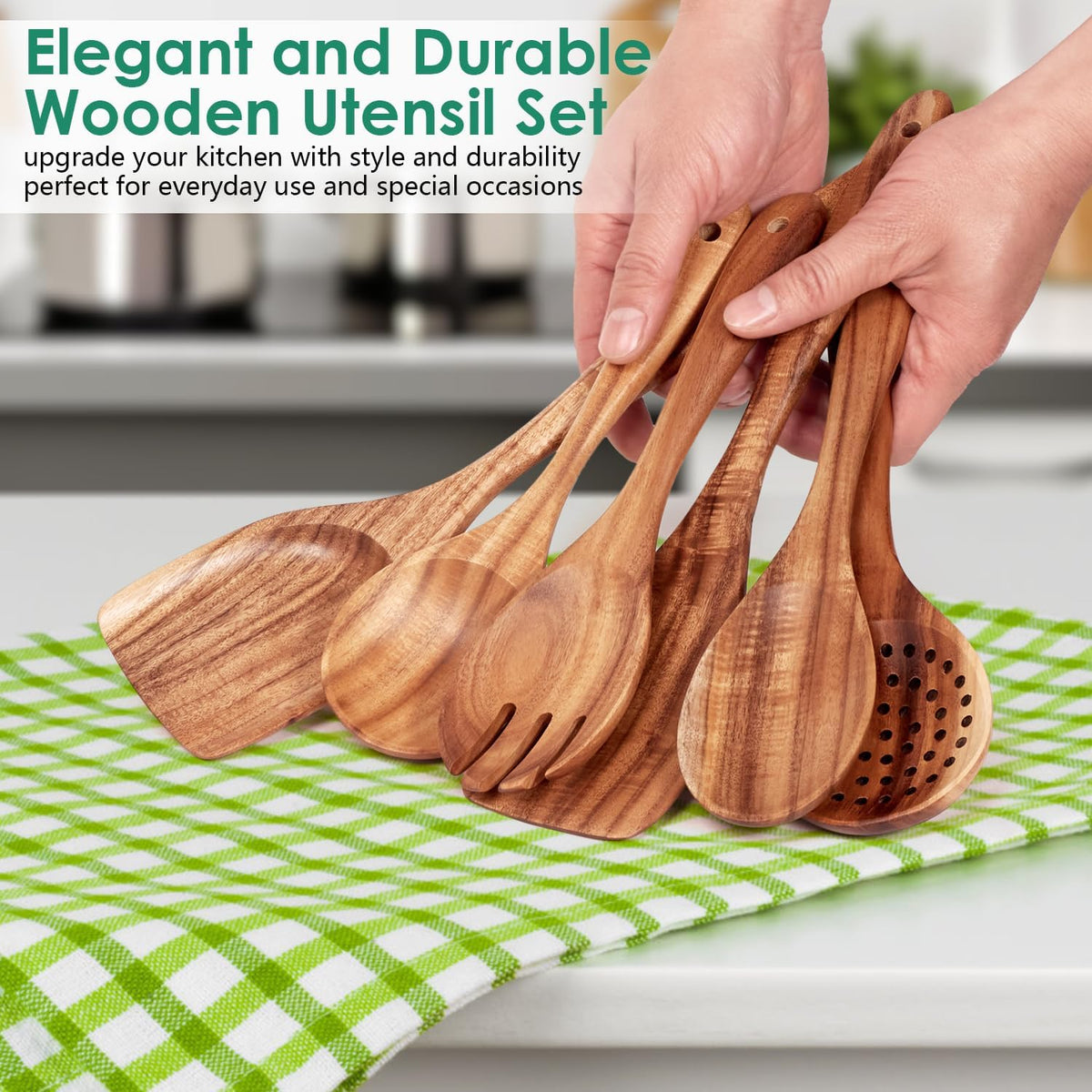 Wooden Spoons for Cooking 6 Piece - Natural Teak Wood Kitchen Utensils Set - Smooth Finish Soft