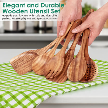 Wooden Spoons for Cooking 6 Piece - Natural Teak Wood Kitchen Utensils Set - Smooth Finish Soft