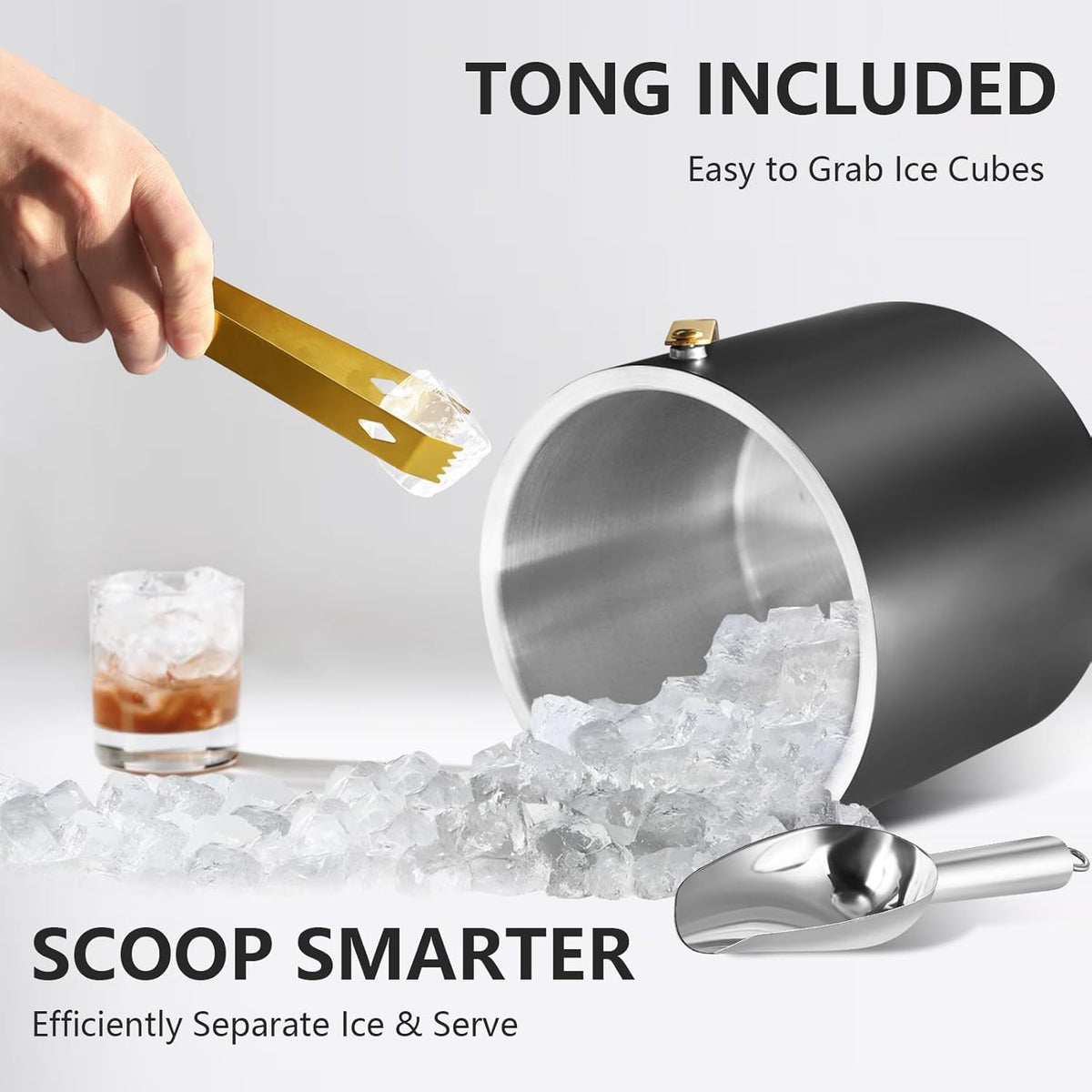 4L Ice Bucket with Silicone Lid, Scoop, Gold Tongs & Strainer, Stainless Steel Double Wall