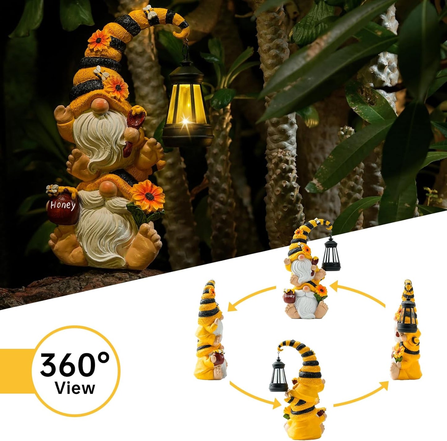 Solar Bee Garden Gnomes with LED Lantern – Waterproof Stacked Outdoor Decor for Yard, Patio
