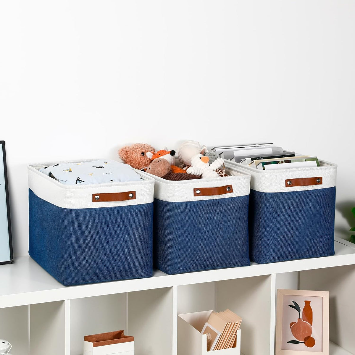 DULLEMELO Large Storage Baskets with Leather Handles for Linen Closet and Home Office, Decorative