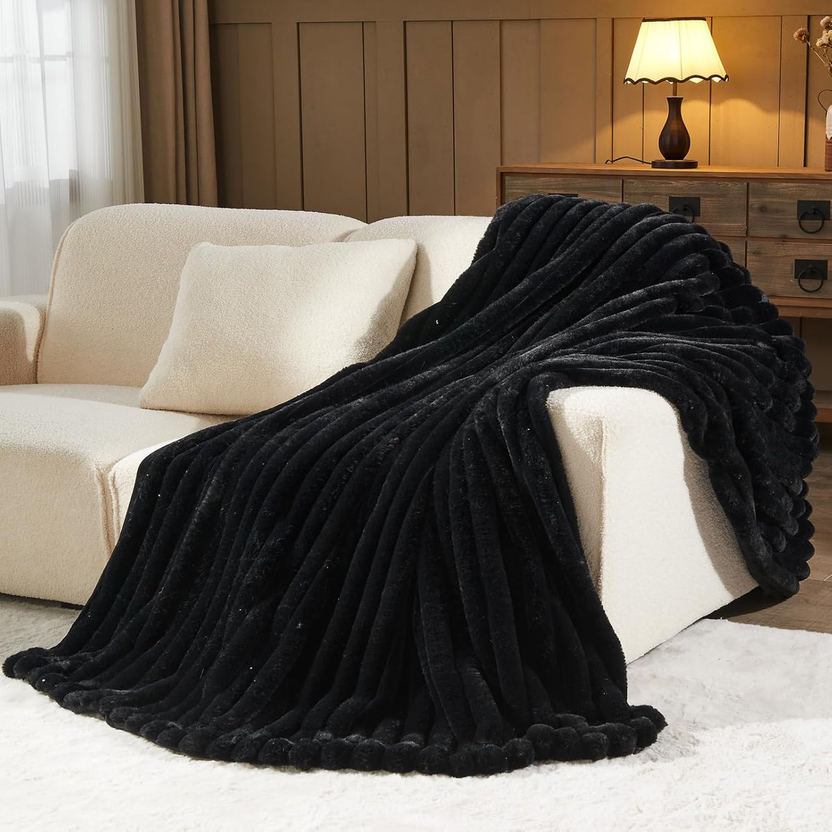 NEWCOSPLAY Faux Fur Twin Blanket Black 3D Ribbed Plush Thick Warm Blanket for Couch Sofa Bed 850GSM