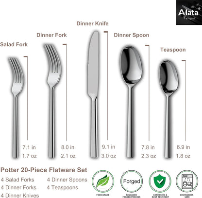 Alata Potter 20-Piece Forged Silverware Set Stainless Steel Flatware Set Cutlery Set,Service for