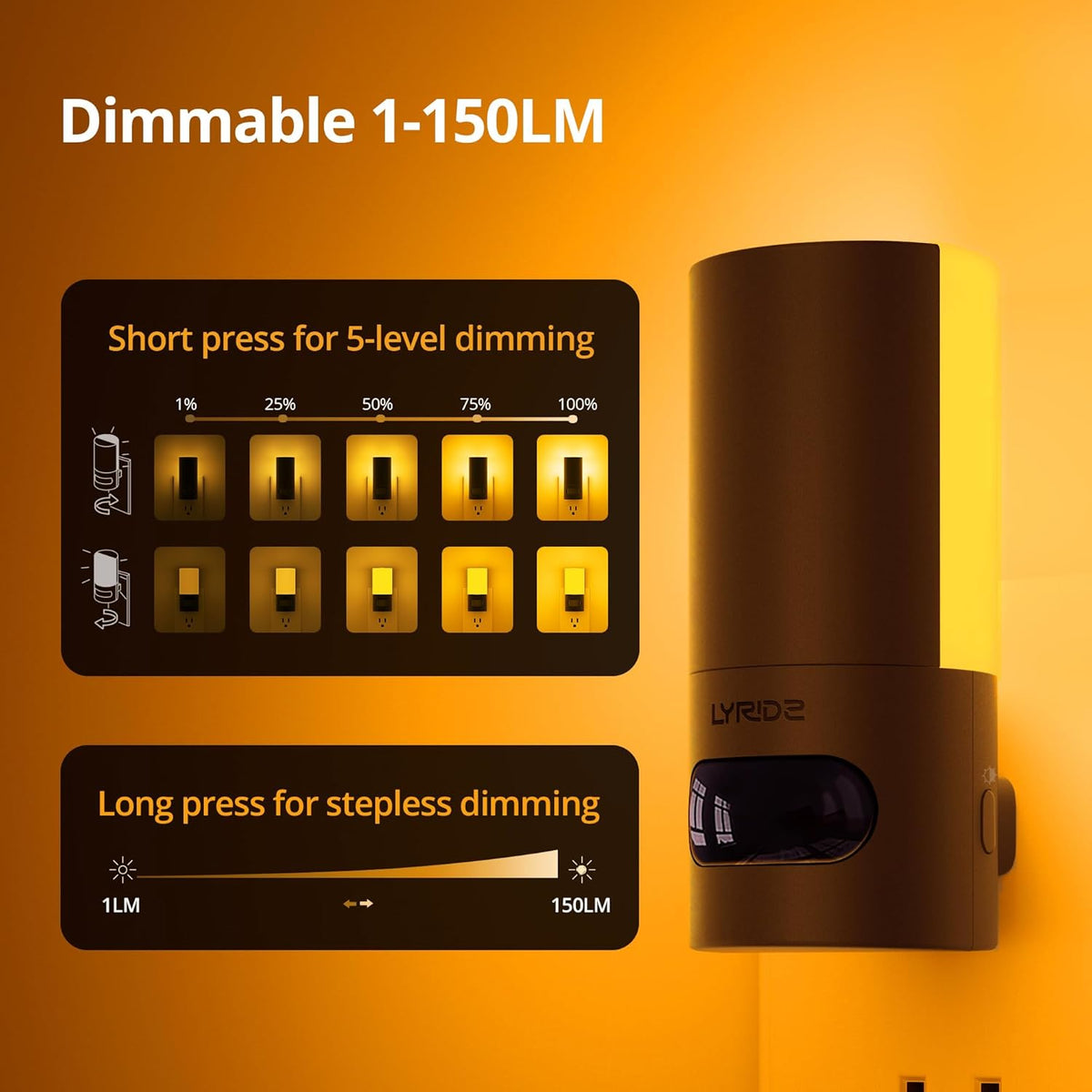 Lyridz Plug-in LED Amber Night Light with Motion Sensor, Rotatable, Dimmable Backlit Nightlight