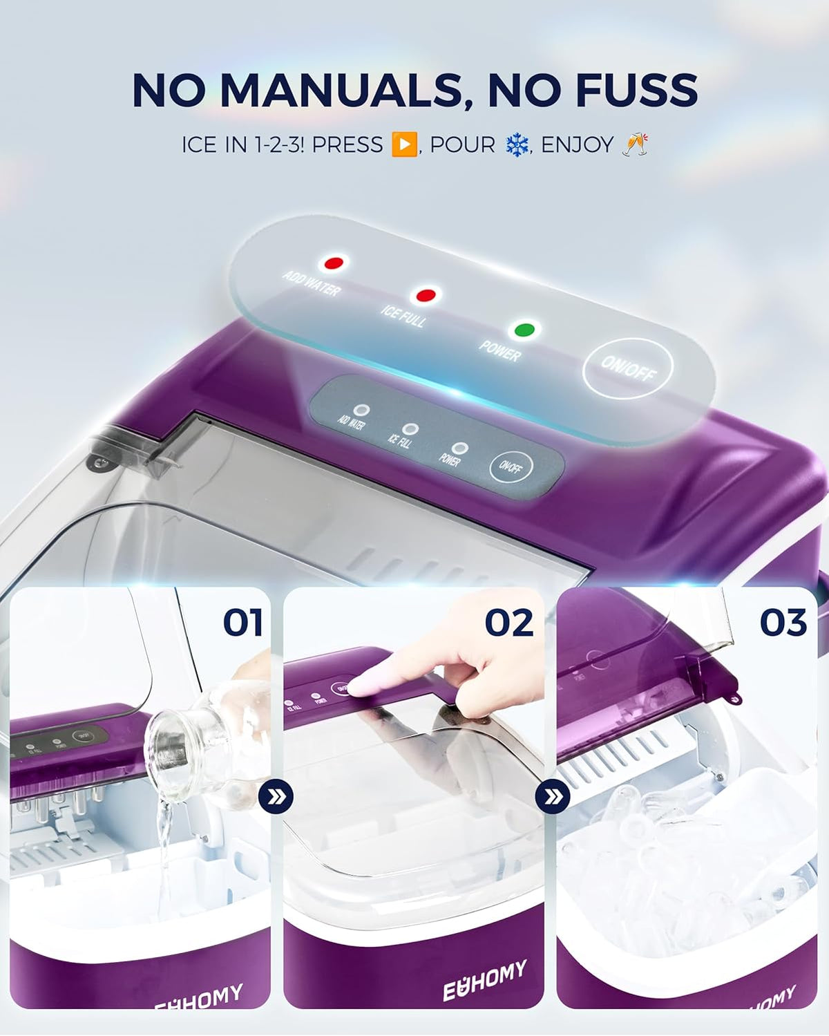 EUHOMY Countertop Ice Maker Machine with Handle, 26lbs Per Day, 9 Ice Cubes Ready in 6 Mins