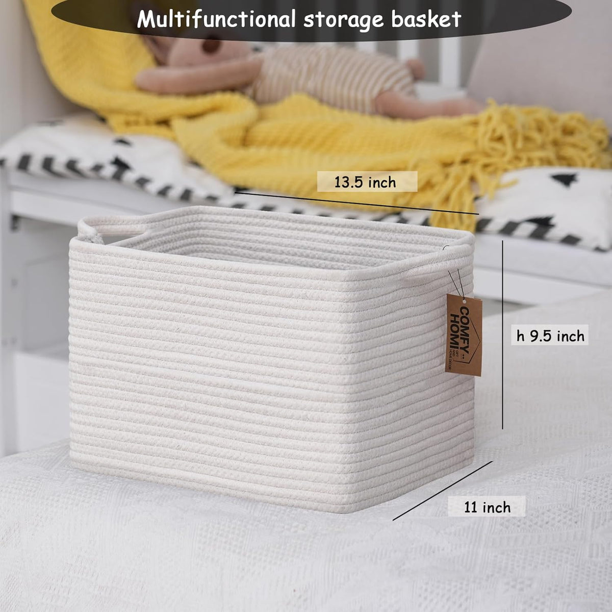 COMFY-HOMI Cotton Rope Woven Basket with Handles for Shelves,Toys,Book, Cloth Storage Baskets Bin