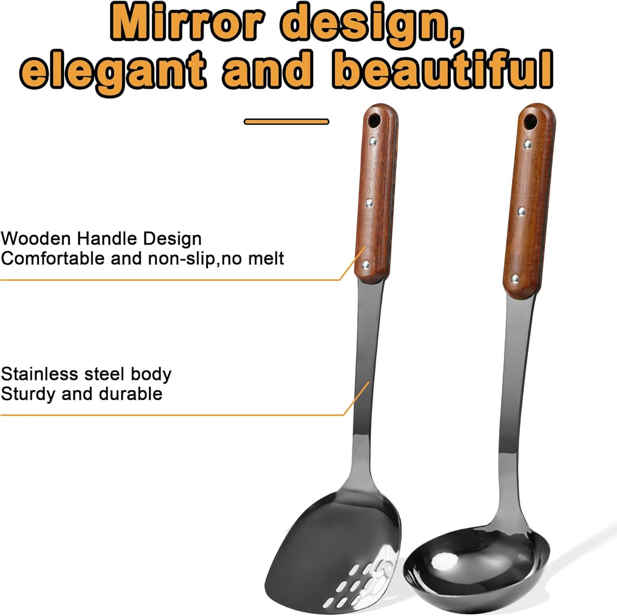FJNATINH Stainless Steel Wok Spatula and Ladle Tool, Mirror Polished Cooking Utensils Set Metal Wok